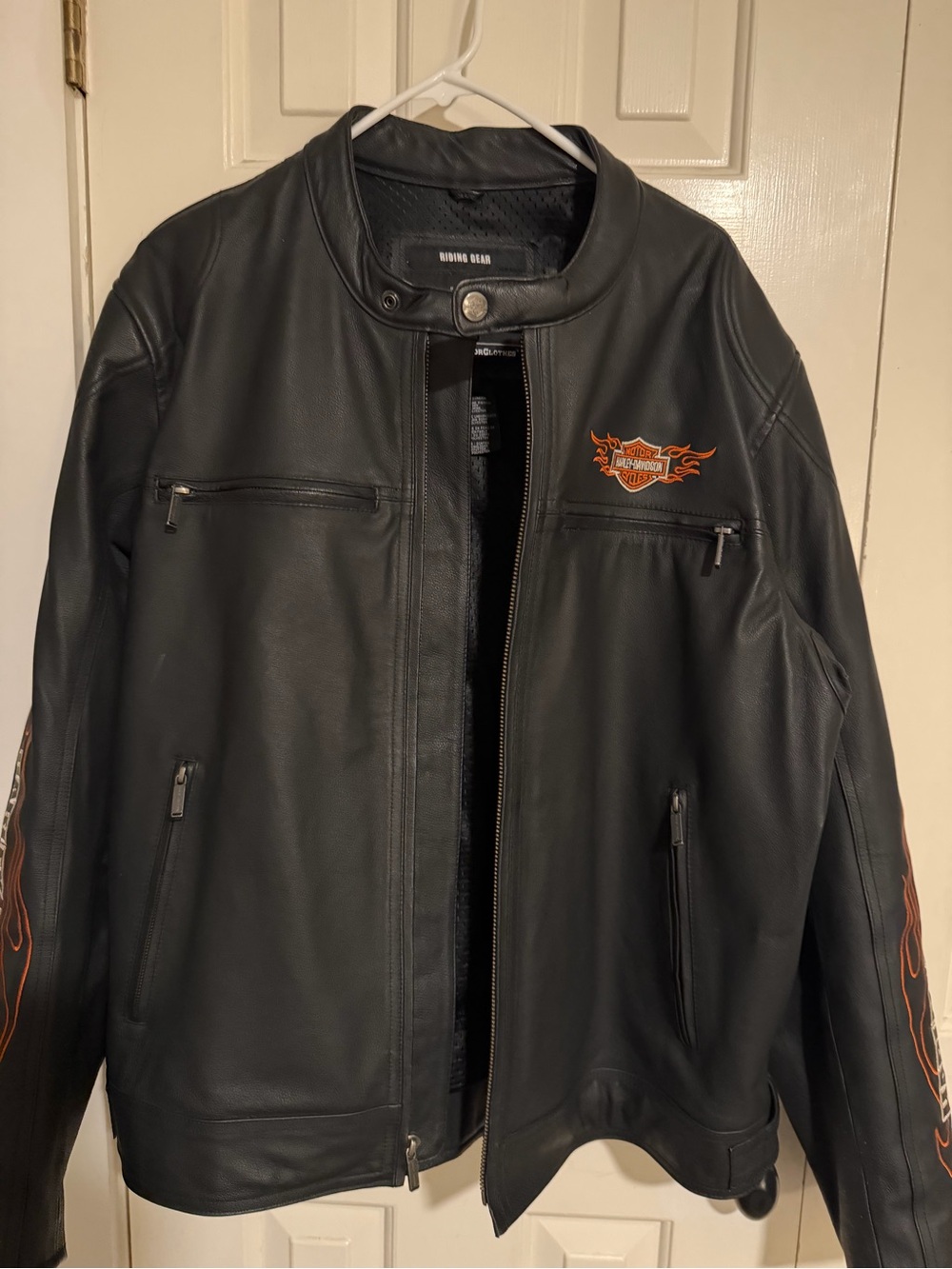Harley-Davidson Black Leather Bomber Jacket with Orange Flame Logo